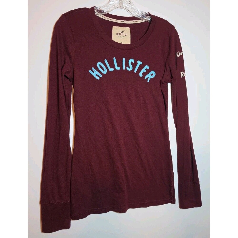 Hollister Wmns Sz M Burgundy Long Sleeve Embroidered Logo T-Shirt "Wave Riders"